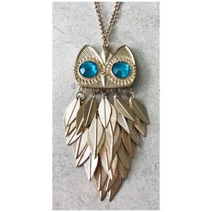 NEW Adorable Goldtone Owl Necklace, Turquoise Eyes